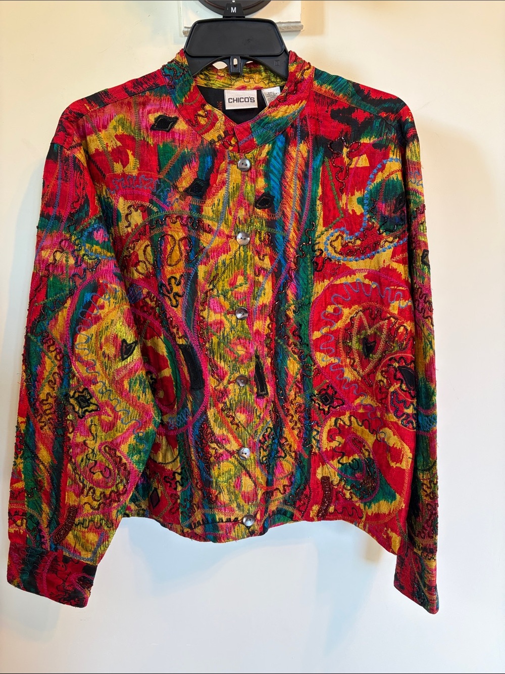 Chico’s Silk Jacket Size 2 L Multicolor Embroidered Bead Embellished Art to Wear